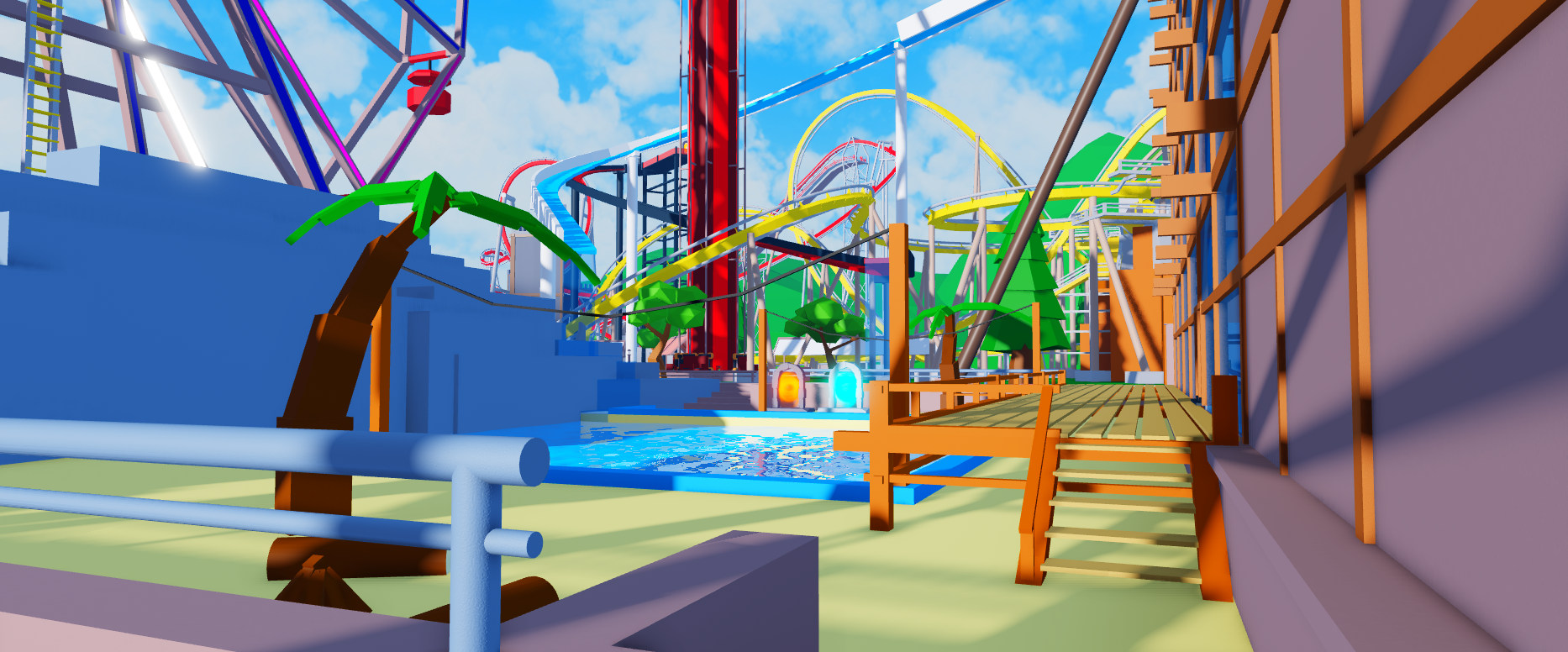 Park pool with water slides and roller coaster in the background.
