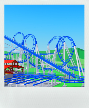Blue looping roller coaster double loops with cobra roll in the background and coaster lift in the foreground.