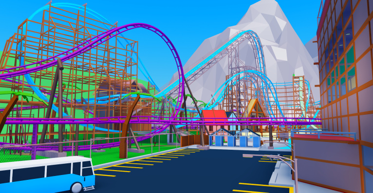 Parkinglot surrounded by a purple launch roller coaster and a blue hybrid roller coaster.