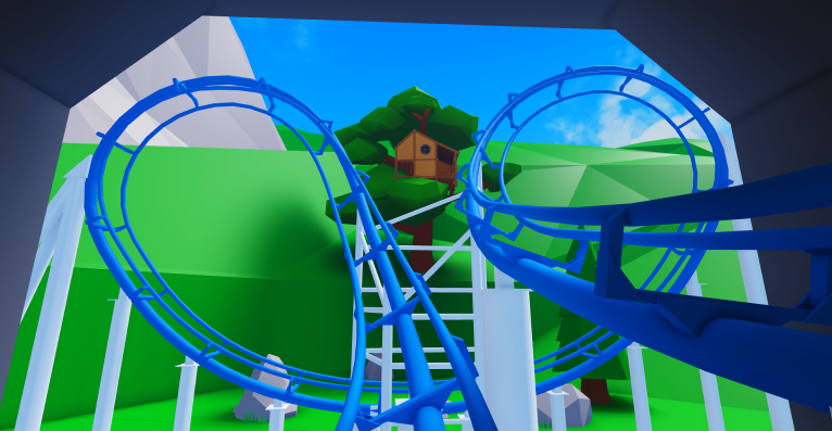 Blue roller coaster butterfly inversion with tree house in the background.