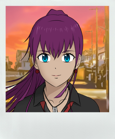 In-game character Kana, she has purple hair in a long pony tail, bangs framing her face, and blue eyes.